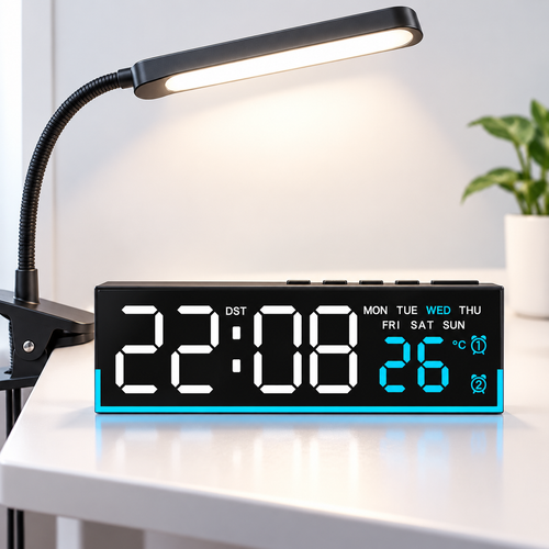 Large LED Digital Alarm Clock with Dual Alarms Temperature Readout and Adjustable Ambient Night Light Bowlift