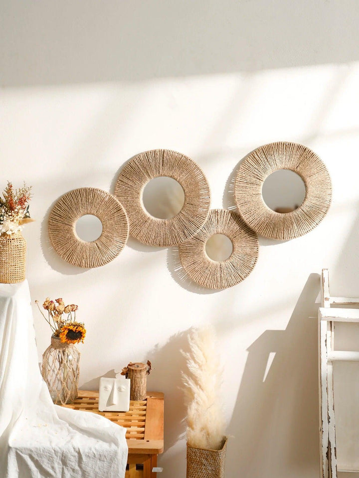 BowLift | Round decorative wall mirror in boho style with woven hemp rope
