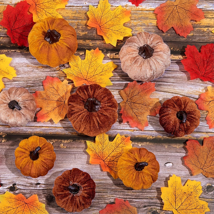 BowLift | Autumn Decoration Pumpkin Set – 12 Pieces Artificial Pumpkins with Velvet Finish