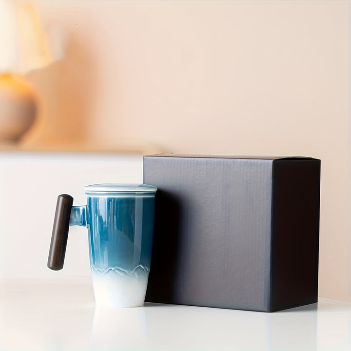 BowLift | TeaCraft Ceramic Mug | Handmade | With Tea Infuser & Wooden Handle | Retro Design
