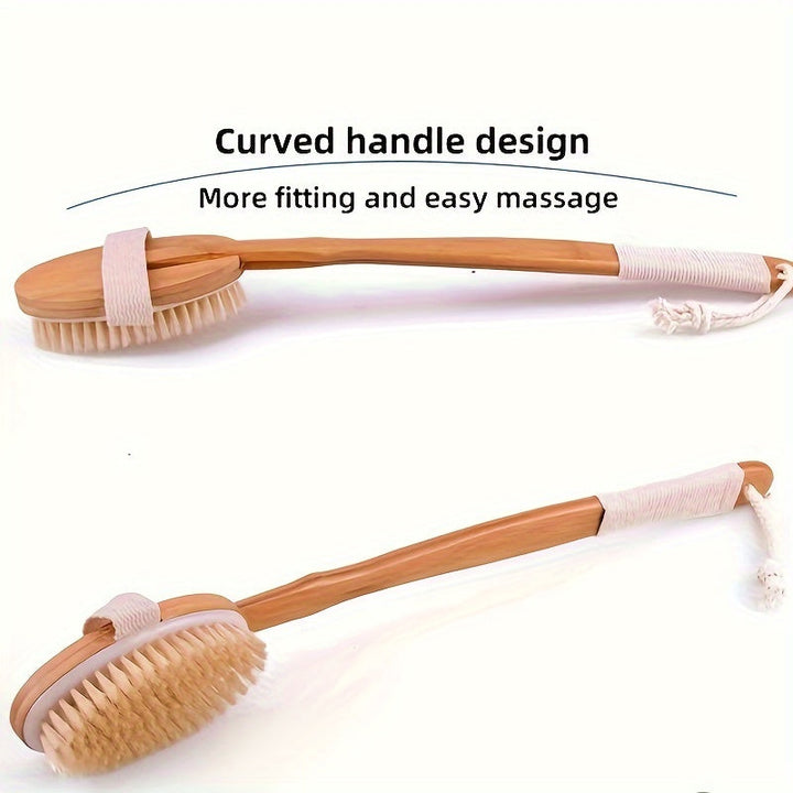 Back Wild Boar Bristle Cleaning Sponge for the Shower - Long Wooden Handle Bath Sponge Brush, soft natural bristles for back cleaning Bowlift