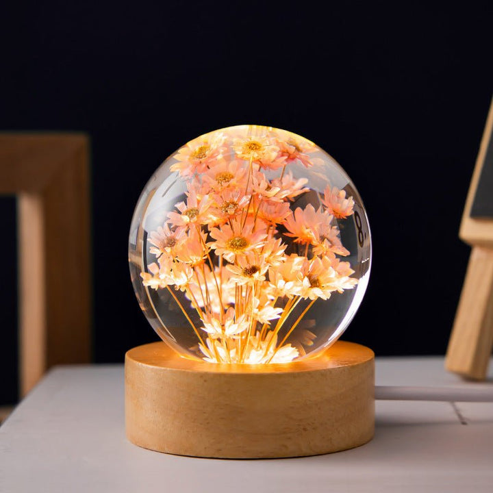 BowLift | Floralis Crystal Ball Lamp | 3D Flower Design | Dandelion & Daisy | USB Wooden Base