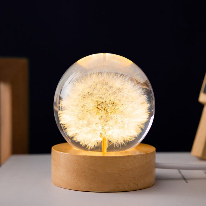 BowLift | Floralis Crystal Ball Lamp | 3D Flower Design | Dandelion & Daisy | USB Wooden Base