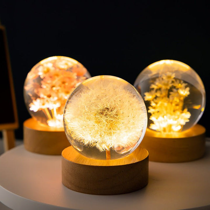 BowLift | Floralis Crystal Ball Lamp | 3D Flower Design | Dandelion & Daisy | USB Wooden Base