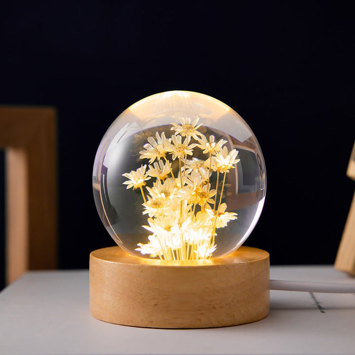 BowLift | Floralis Crystal Ball Lamp | 3D Flower Design | Dandelion & Daisy | USB Wooden Base