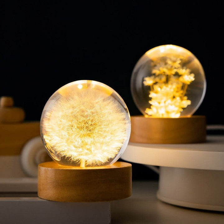 BowLift | Floralis Crystal Ball Lamp | 3D Flower Design | Dandelion & Daisy | USB Wooden Base
