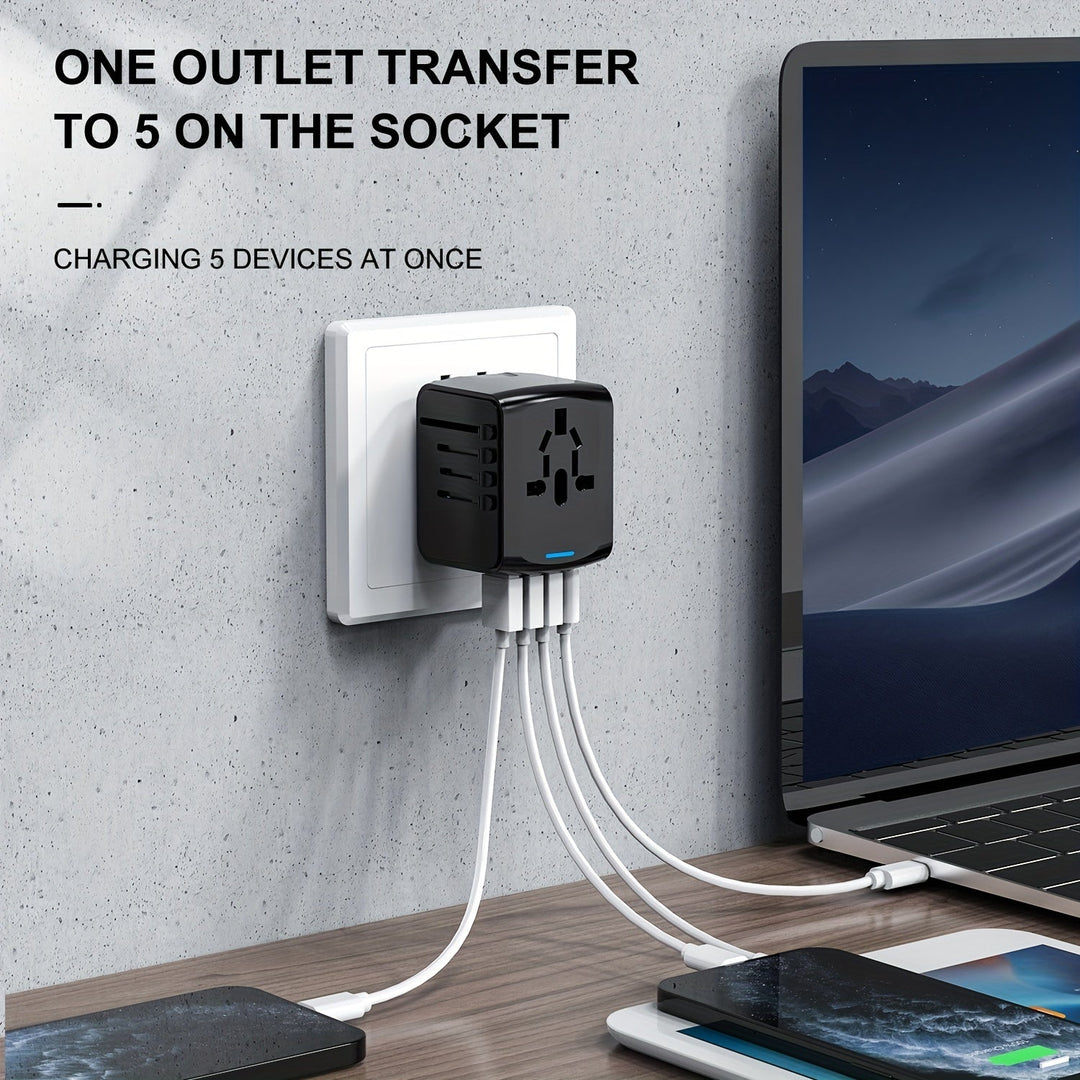 BowLift | Universal Travel Adapter with 4 USB Ports and Type-C – Worldwide Compatibility, Fast Charging Safety Features