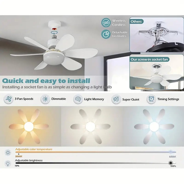 BowLift | LuxeBreeze Portable Ceiling Fan & Light | Elegant 2-in-1 solution with remote control for comfort and style