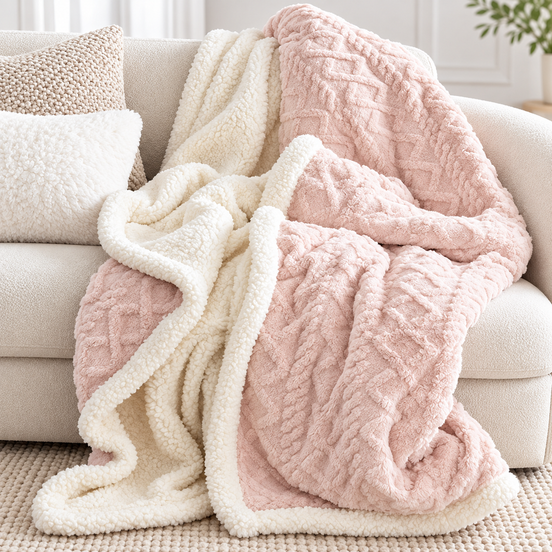 Oversized Plush Sherpa Throw Blanket with Cable-Knit Texture Bowlift