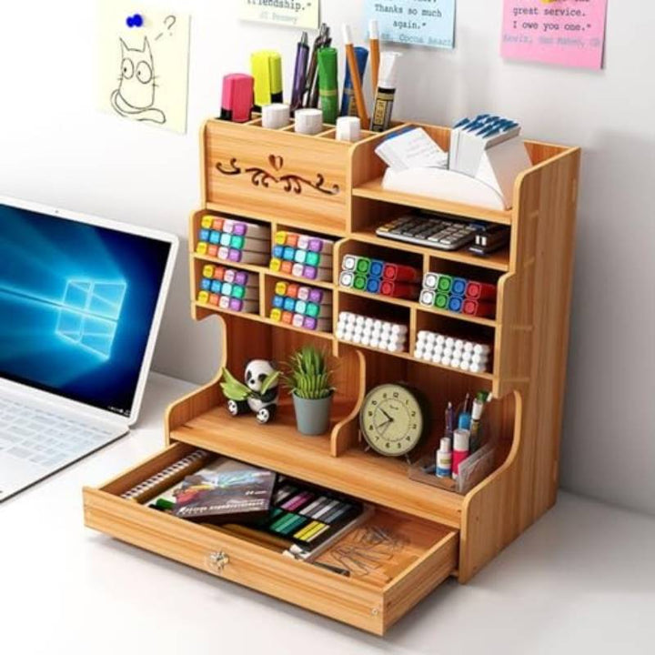 BowLift | Wooden Desk Organizer with Drawer and Multiple Grids