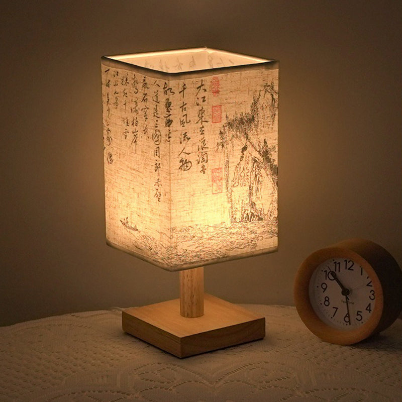 LED table lamp in a square design – wooden base with Japanese pattern | Bowlift