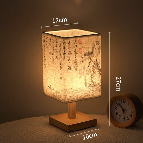 LED table lamp in a square design – wooden base with Japanese pattern | Bowlift