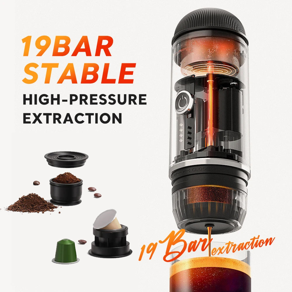 BowLift | Self-Heating Portable Electric Espresso Maker with USB-C Charger – Compatible with Ground Coffee & Nespresso Capsules