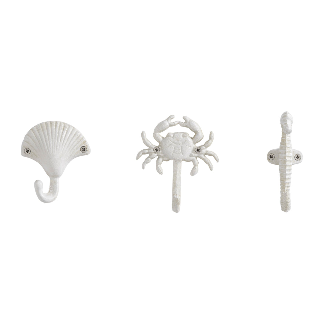 BowLift | White Cast Iron Nautical Ocean Figure Sculpture Decorative Utility Wall Hook Set of 3 - Shell, Crab, Seahorse