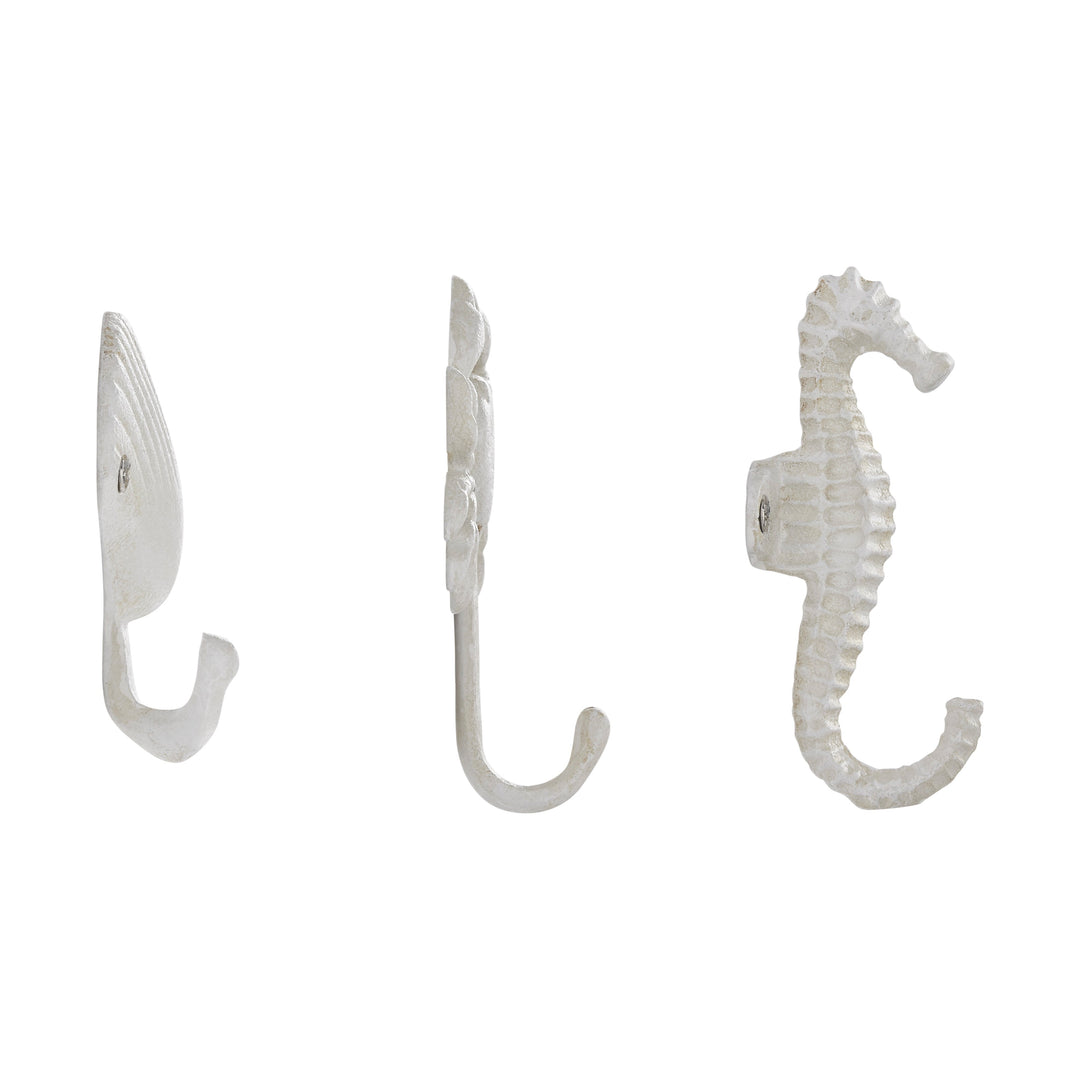 BowLift | White Cast Iron Nautical Ocean Figure Sculpture Decorative Utility Wall Hook Set of 3 - Shell, Crab, Seahorse
