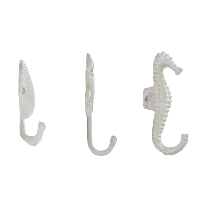 BowLift | White Cast Iron Nautical Ocean Figure Sculpture Decorative Utility Wall Hook Set of 3 - Shell, Crab, Seahorse