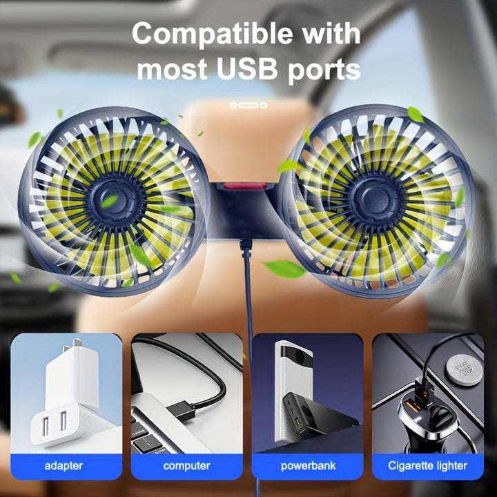 BowLift | Double Fan AirTrek Duo | 360° rotatable | Ultra-quiet & Compact | USB Car Fan with 5 Blades