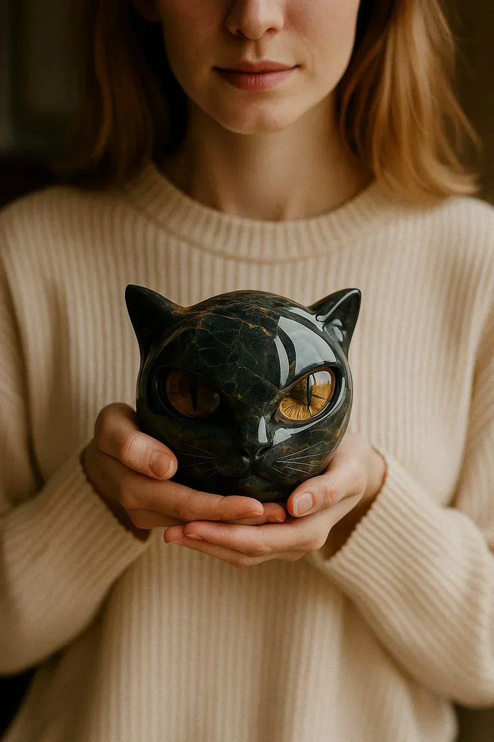BowLift | NoirCat Sculpture – Black Cat Head with Hypnotic Eyes