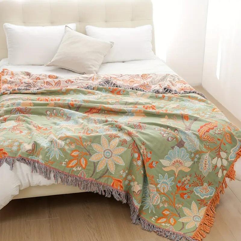 BowLift | Rustic Floral Boho Blanket | 100% Cotton Blanket for Sensitive Skin
