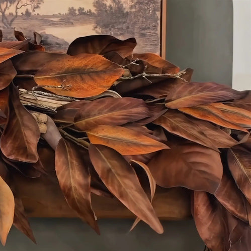 BowLift | Brown Magnolia Leaf Garland – realistic autumn decoration for interiors and covered outdoor areas
