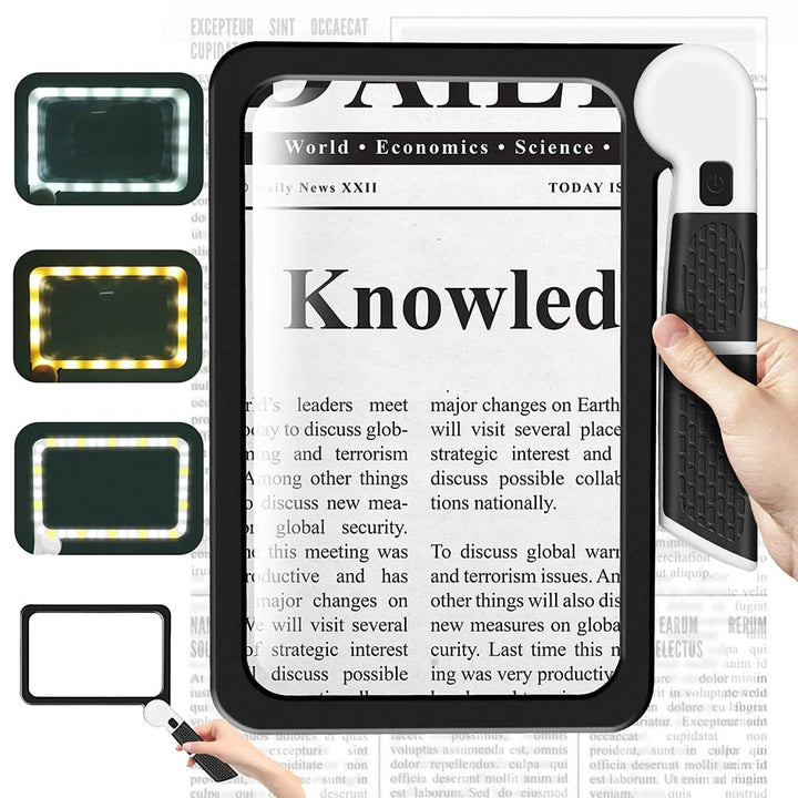 BowLift | Full-Sided Handheld Magnifying Glass – 5X Magnification, LED Illuminated Magnifier with 3 Modes, Ideal for Reading Books and for Seniors