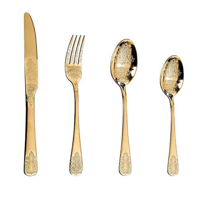 Luxury Cutlery Sets Silverware Kit Vintage Carved Tableware Set | Bowlift