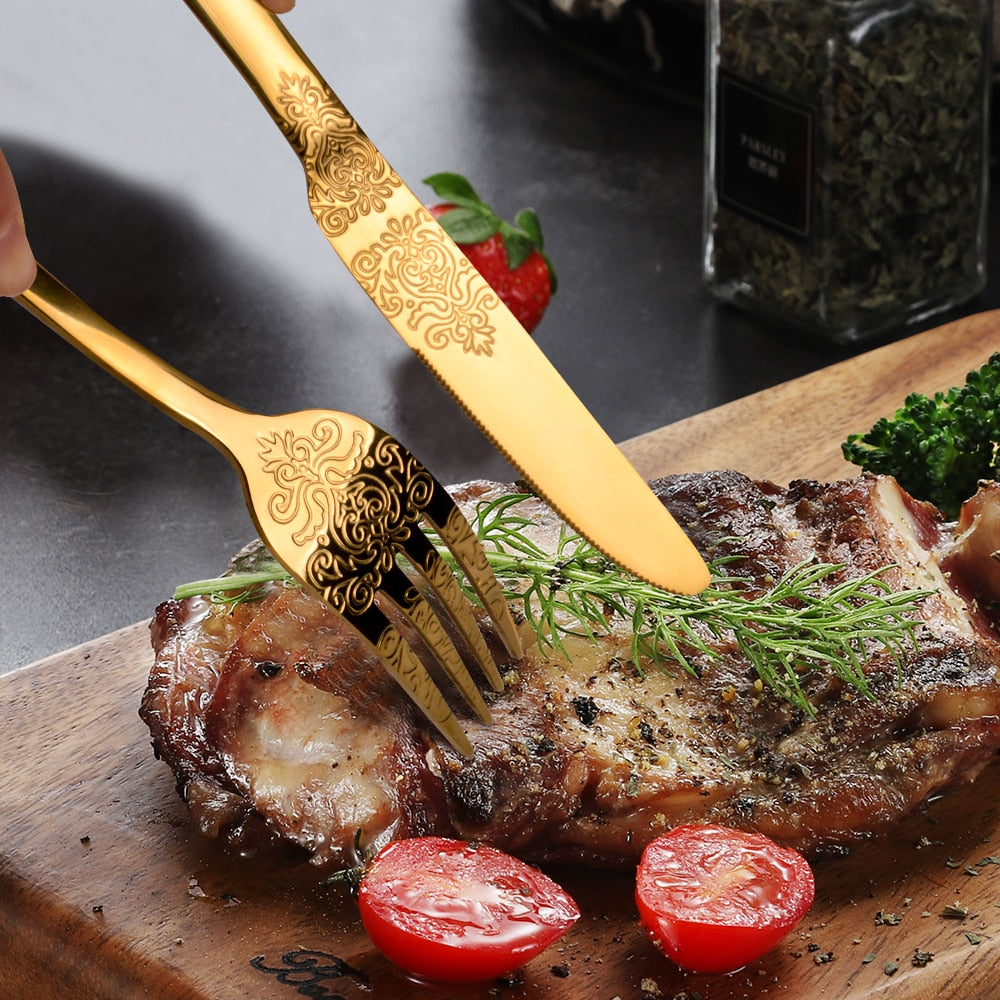 Luxury Cutlery Sets Silverware Kit Vintage Carved Tableware Set | Bowlift