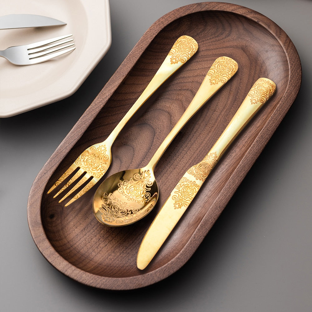 Luxury Cutlery Sets Silverware Kit Vintage Carved Tableware Set | Bowlift