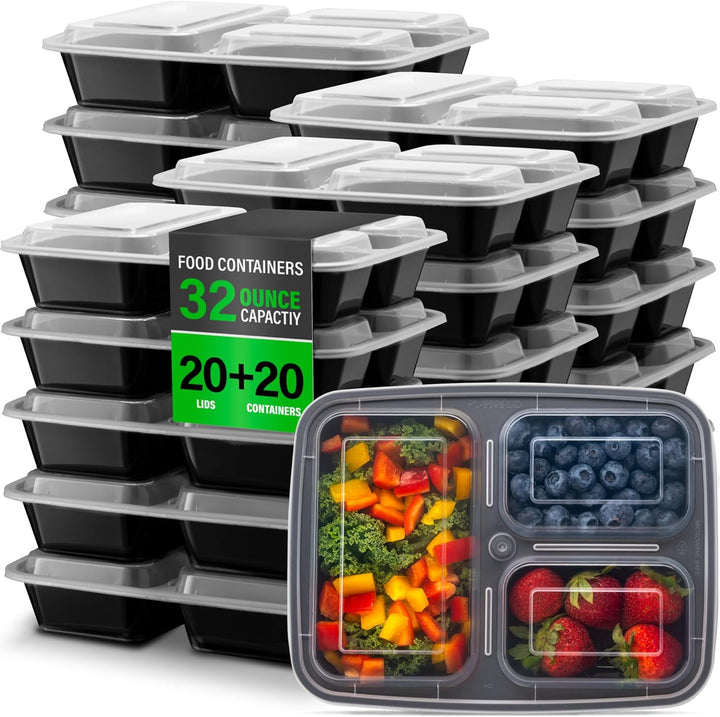 BowLift | Meal Prep Containers – 3 Compartment Bento Dozen with Lid 900 ml [20 Pack]