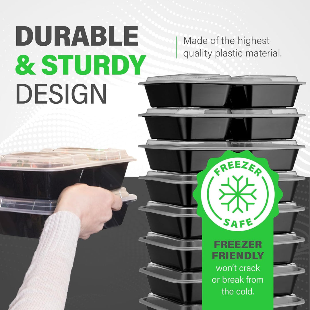 BowLift | Meal Prep Containers – 3 Compartment Bento Dozen with Lid 900 ml [20 Pack]