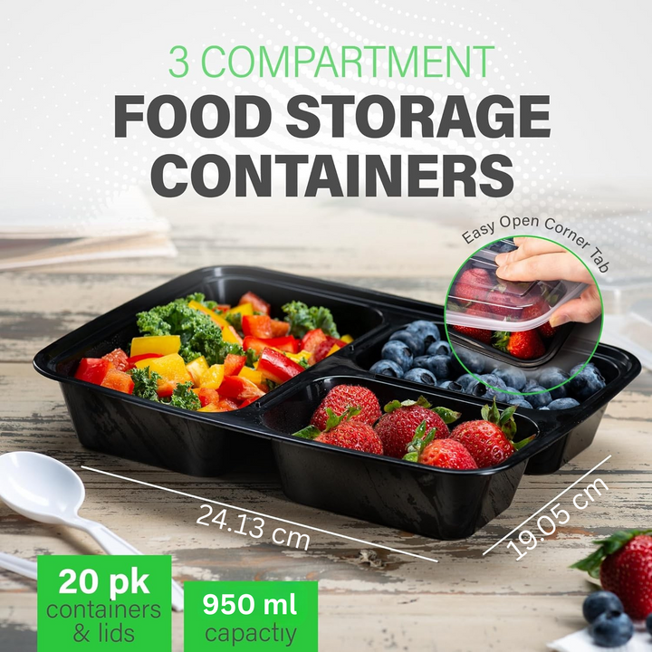 BowLift | Meal Prep Containers – 3 Compartment Bento Dozen with Lid 900 ml [20 Pack]