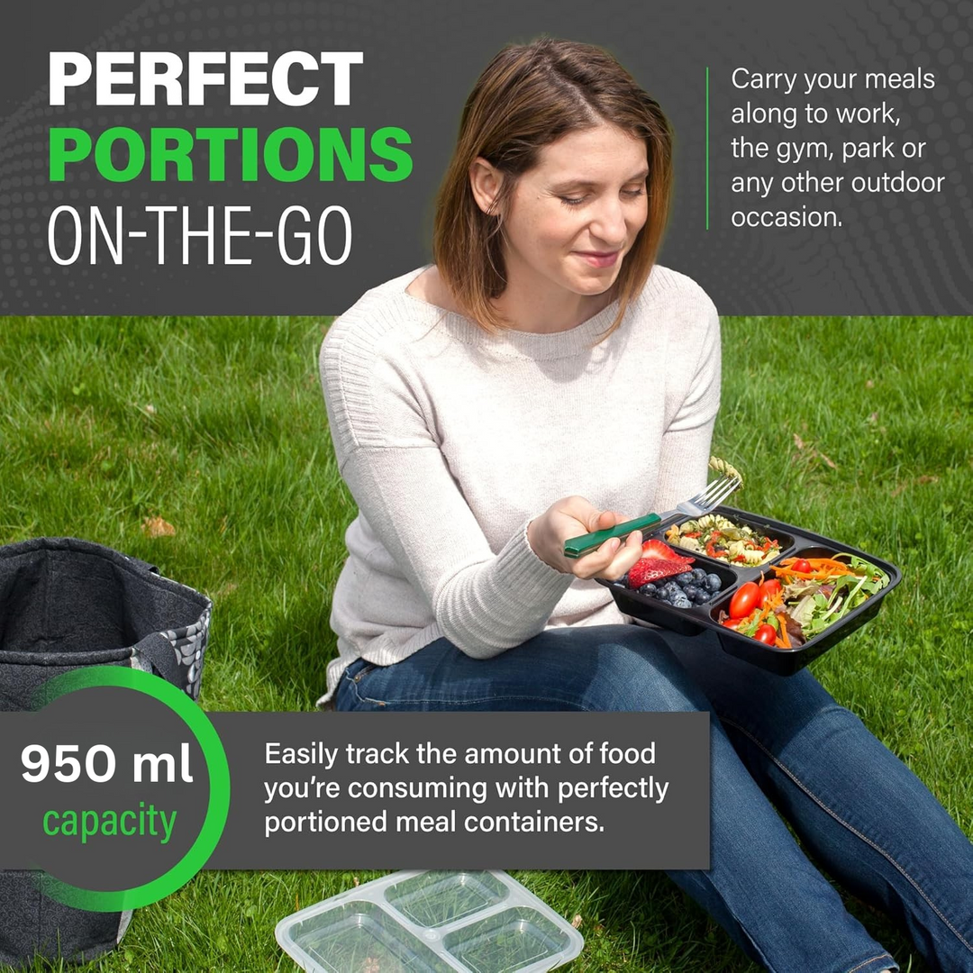BowLift | Meal Prep Containers – 3 Compartment Bento Dozen with Lid 900 ml [20 Pack]