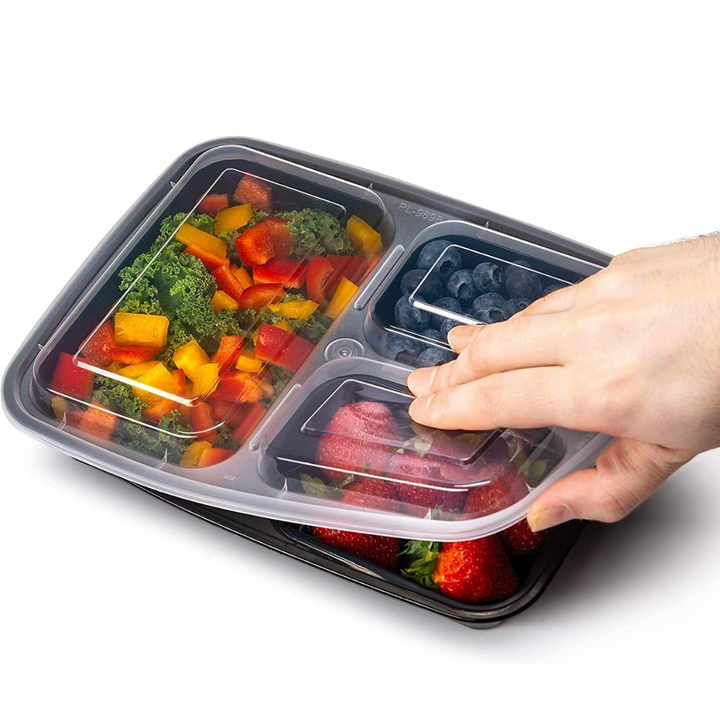 BowLift | Meal Prep Containers – 3 Compartment Bento Dozen with Lid 900 ml [20 Pack]