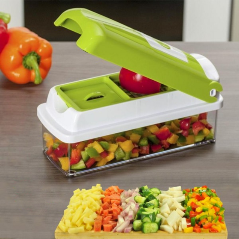 BowLift | CutMate Multifunctional Vegetable Cutter 12-in-1 | With Collection Container & Finger Guard | Stainless Steel Blades | Compact & Safe