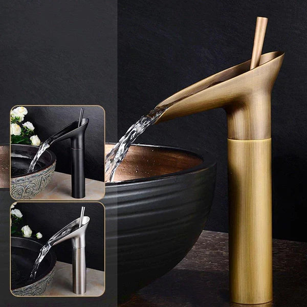 BowLift | Antique Brass Waterfall Basin Tap – Vintage Bathroom Mixer Faucet with Hot & Cold Control