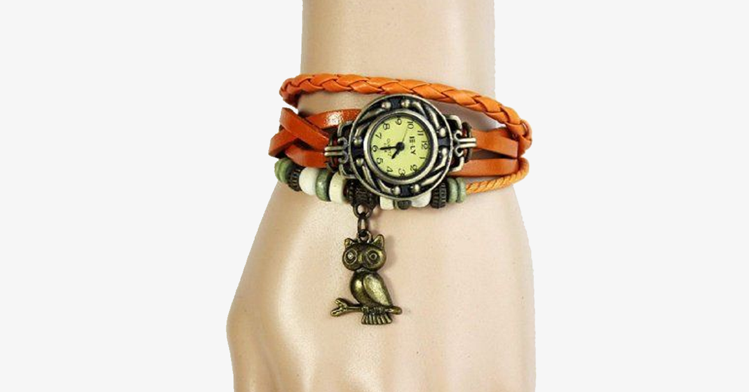 BowLift | Owl Vintage Wrap Watch with Boho-Chic Style Bracelet - Woven cuff-style bracelet watch for a funky look!