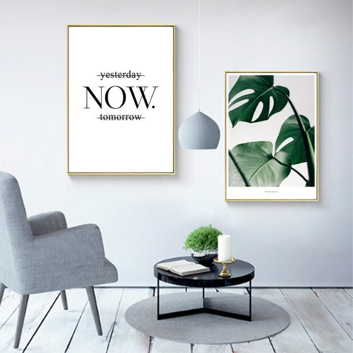 Green Leaves Plants Now Inspiring Quote - Canvas Wall Art Painting | Bowlift