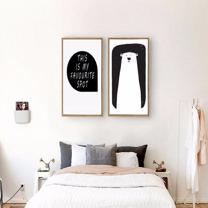 Minimalist Black And White Cartoon Bear Nursery Decor - Canvas Wall Art Painting | Bowlift