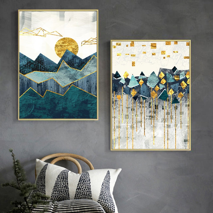 Vintage Abstract Geometric Sunrise Scene Wall Art - Canvas Wall Art Painting | Bowlift