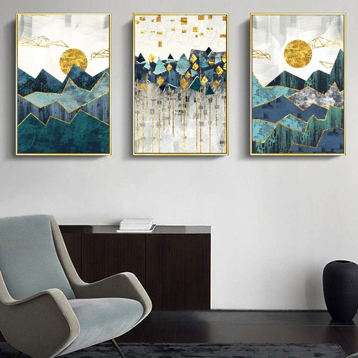 Vintage Abstract Geometric Sunrise Scene Wall Art - Canvas Wall Art Painting | Bowlift