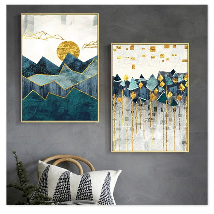 Vintage Abstract Geometric Sunrise Scene Wall Art - Canvas Wall Art Painting | Bowlift