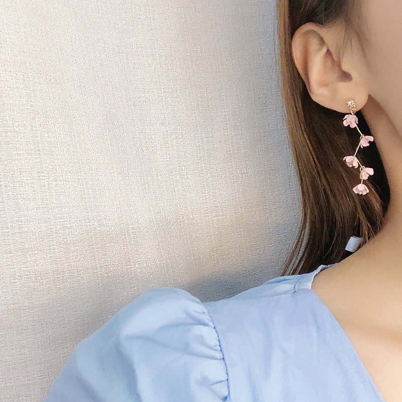 BowLift | Long Rhinestone Crystal Pink Sakura Flower with Zircon Clip Earrings