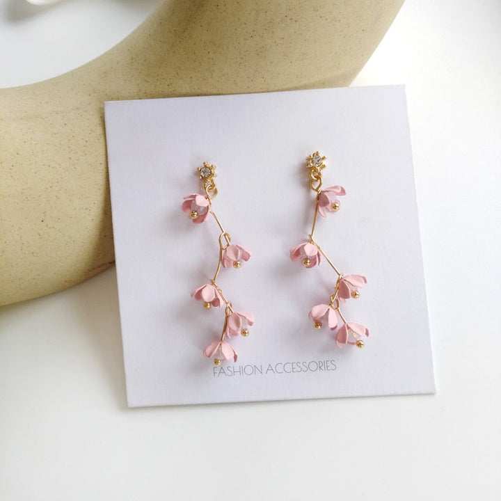 BowLift | Long Rhinestone Crystal Pink Sakura Flower with Zircon Clip Earrings