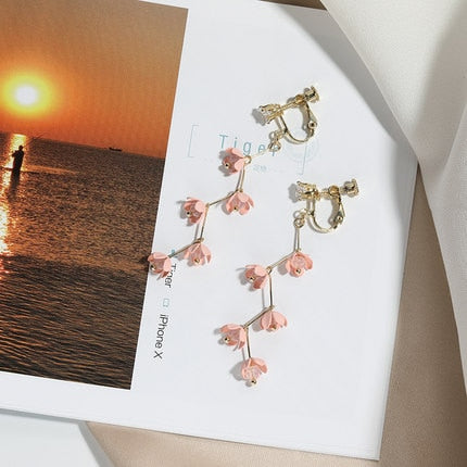 BowLift | Long Rhinestone Crystal Pink Sakura Flower with Zircon Clip Earrings