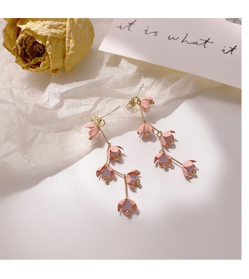 BowLift | Long Rhinestone Crystal Pink Sakura Flower with Zircon Clip Earrings