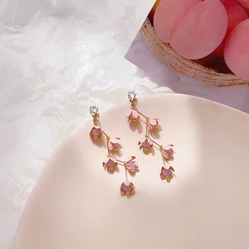BowLift | Long Rhinestone Crystal Pink Sakura Flower with Zircon Clip Earrings