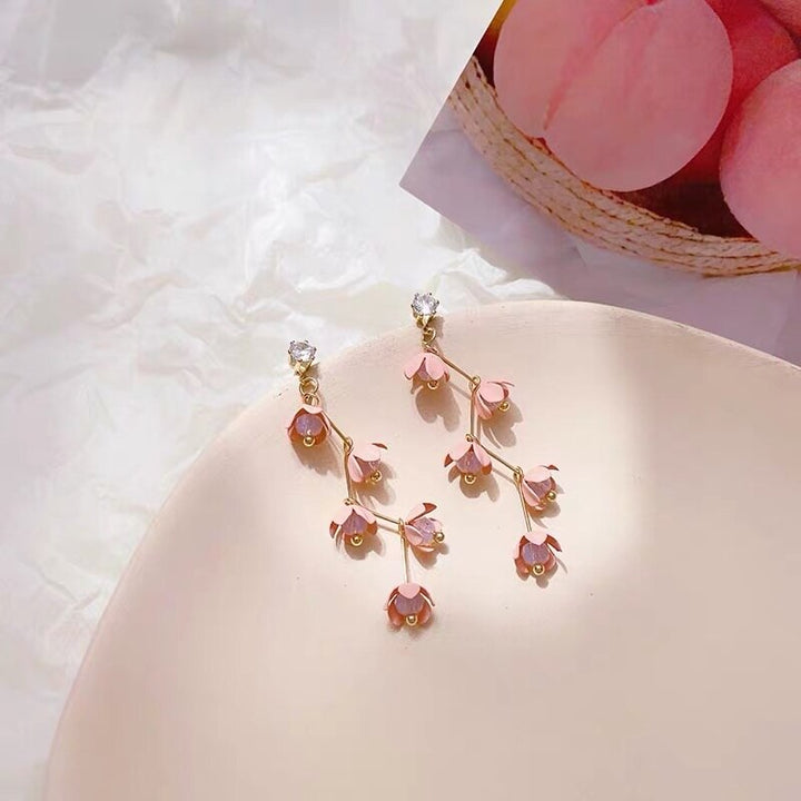 BowLift | Long Rhinestone Crystal Pink Sakura Flower with Zircon Clip Earrings