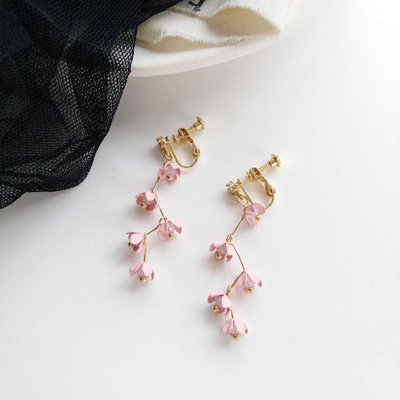BowLift | Long Rhinestone Crystal Pink Sakura Flower with Zircon Clip Earrings
