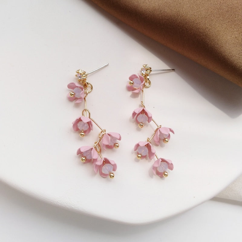 BowLift | Long Rhinestone Crystal Pink Sakura Flower with Zircon Clip Earrings