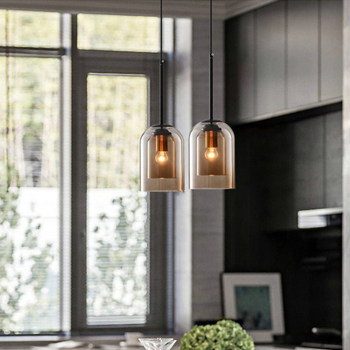 BowLift | Mica Mid-Century Pendant Lamp – Double Glass Shade with Iron Fittings